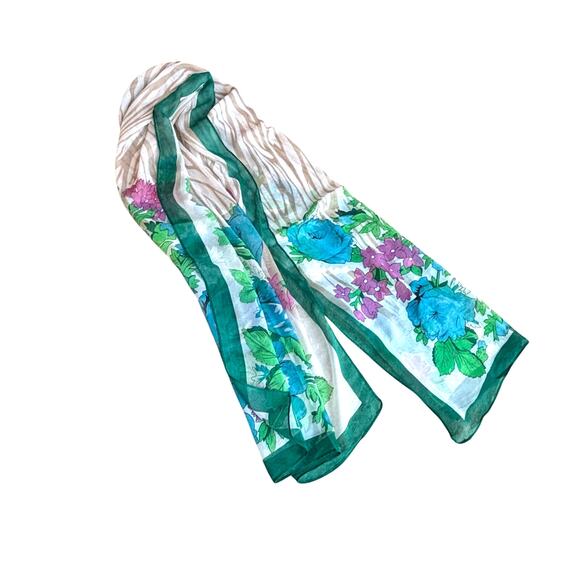 Silky sheer chiffon scarf long rectangle blue green tan tropical floral flowers - Picture 4 of 8